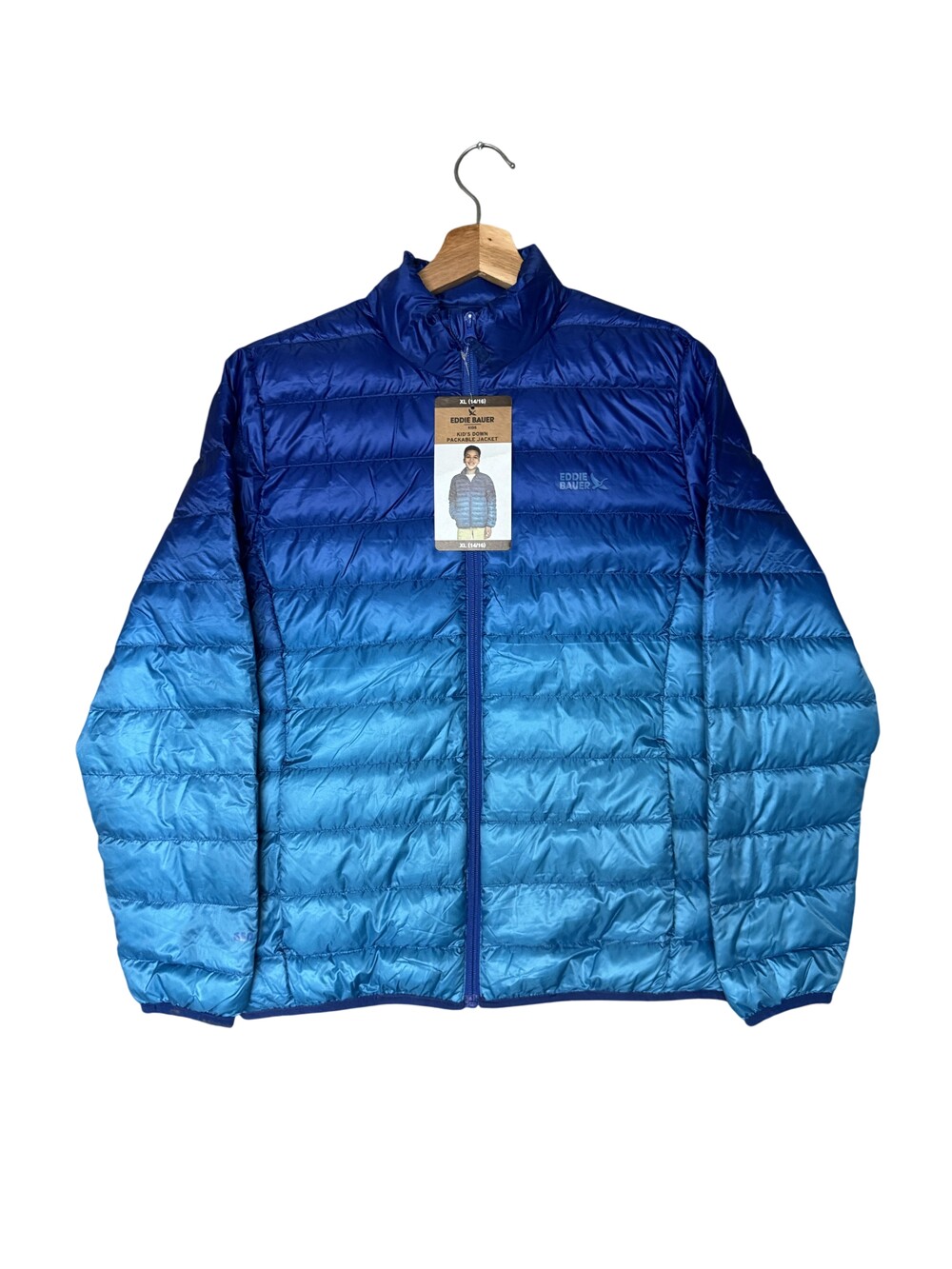 Eddie Bauer Puffer Jacket Kids XL 14/16 Blue Ombré Down Packable Winter Zip